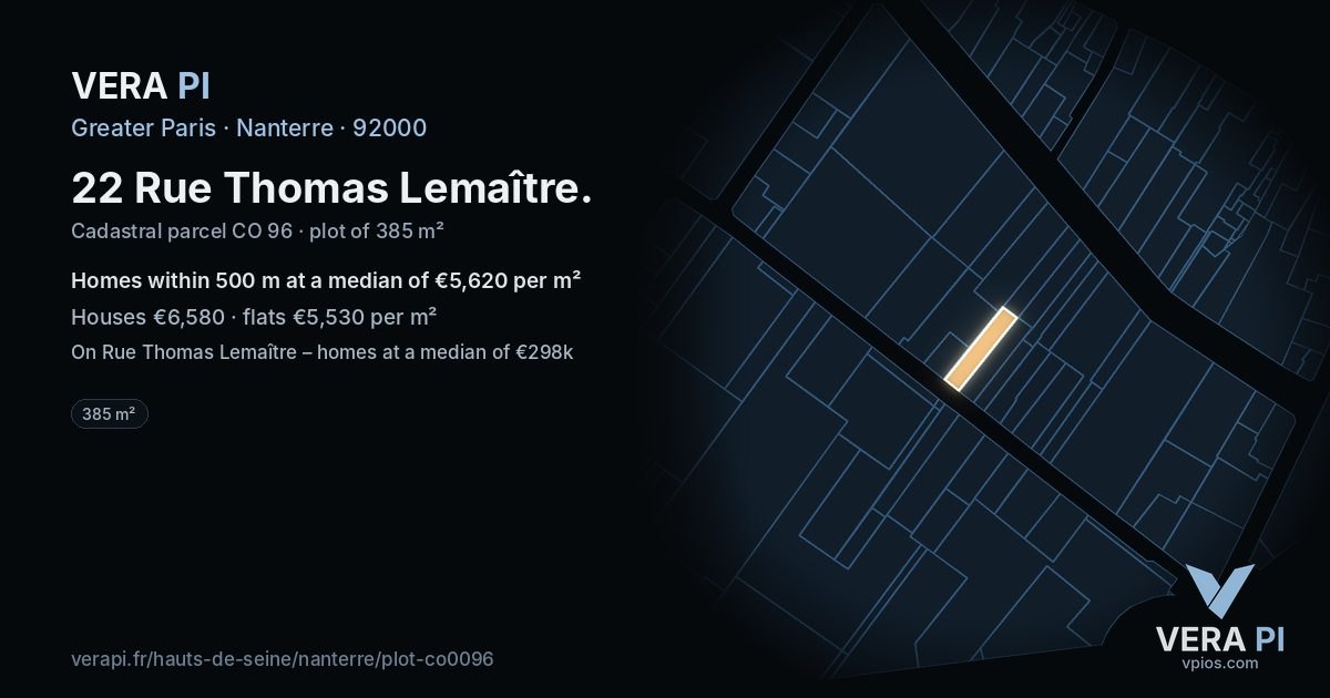 22 Rue Thomas Lemaître, Nanterre at night – the plot lit, the parcels around coloured by the prices near them