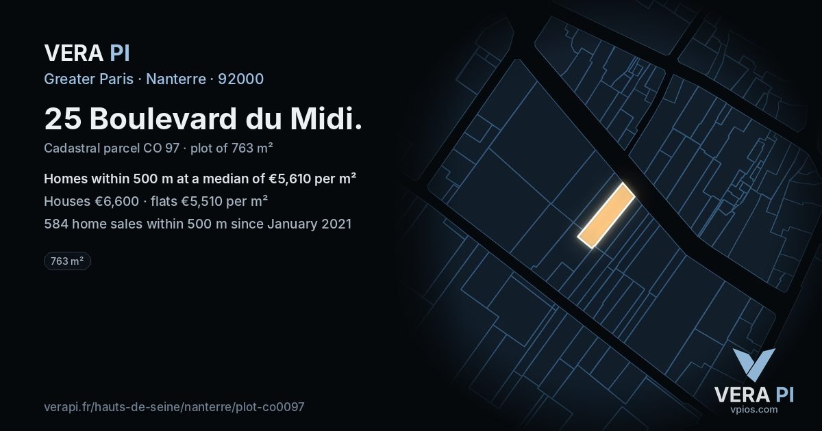 25 Boulevard du Midi, Nanterre at night – the plot lit, the parcels around coloured by the prices near them