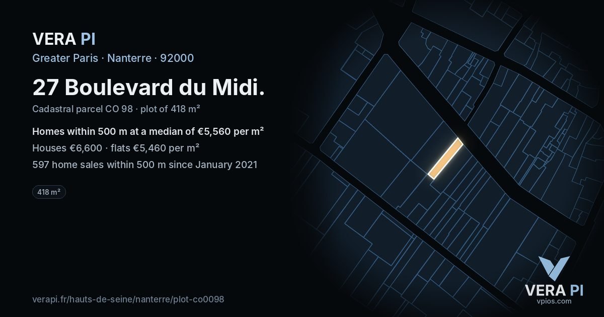 27 Boulevard du Midi, Nanterre at night – the plot lit, the parcels around coloured by the prices near them