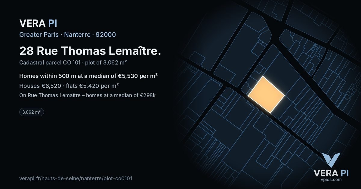 28 Rue Thomas Lemaître, Nanterre at night – the plot lit, the parcels around coloured by the prices near them