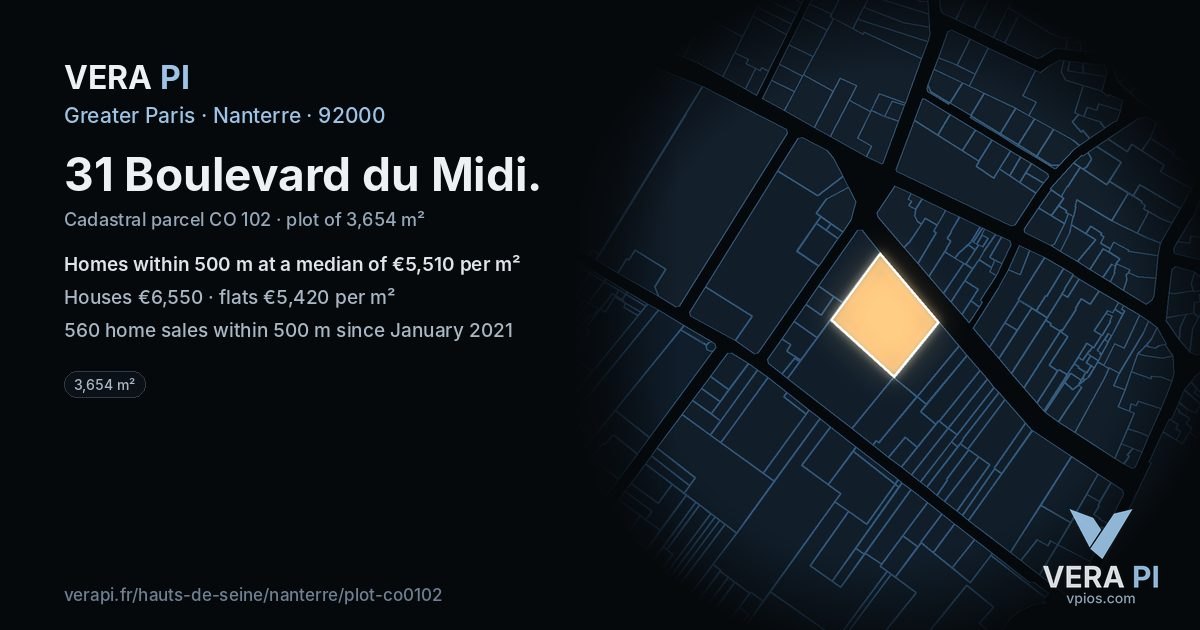 31 Boulevard du Midi, Nanterre at night – the plot lit, the parcels around coloured by the prices near them