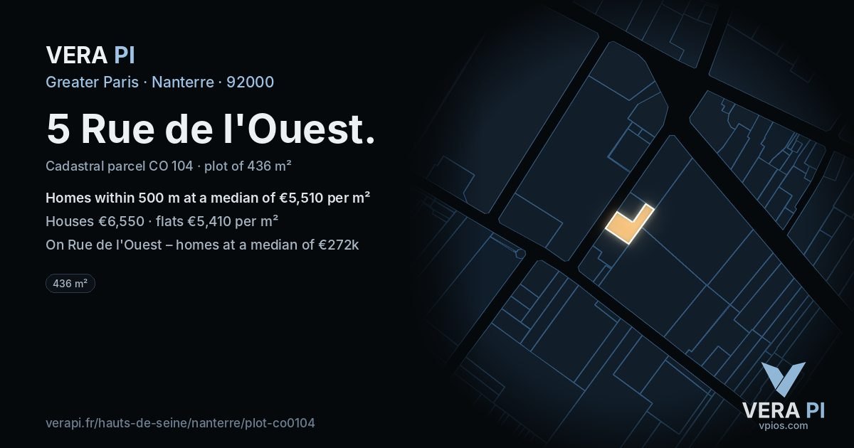 5 Rue de l'Ouest, Nanterre at night – the plot lit, the parcels around coloured by the prices near them