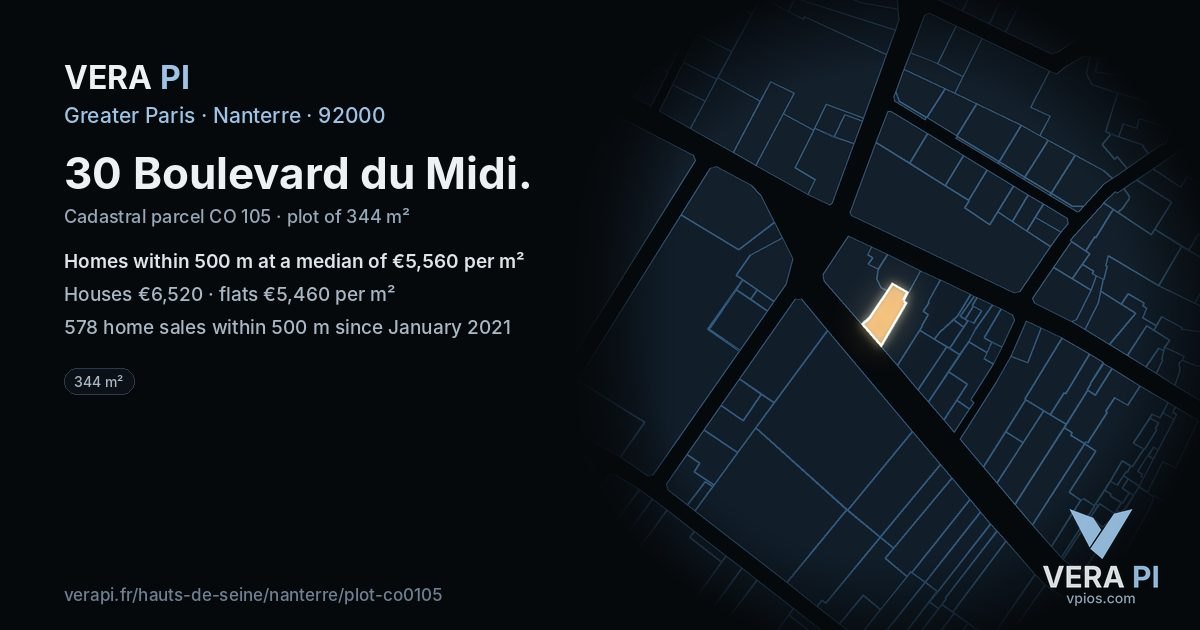 30 Boulevard du Midi, Nanterre at night – the plot lit, the parcels around coloured by the prices near them