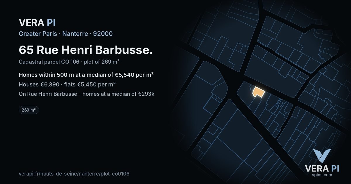 65 Rue Henri Barbusse, Nanterre at night – the plot lit, the parcels around coloured by the prices near them