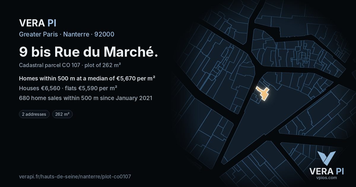 9 bis Rue du Marché, Nanterre at night – the plot lit, the parcels around coloured by the prices near them
