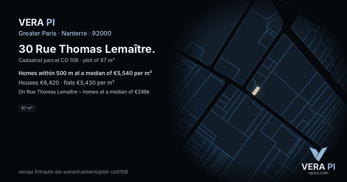 30 Rue Thomas Lemaître, Nanterre at night – the plot lit, the parcels around coloured by the prices near them