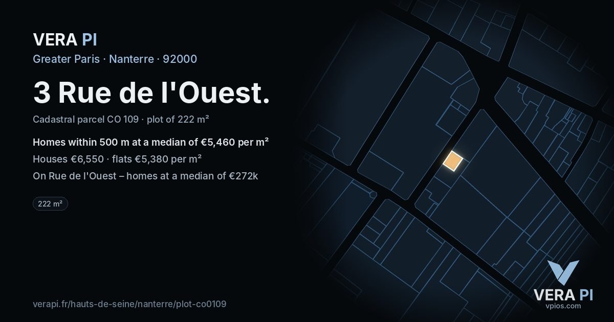 3 Rue de l'Ouest, Nanterre at night – the plot lit, the parcels around coloured by the prices near them