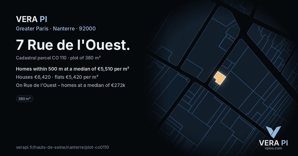 7 Rue de l'Ouest, Nanterre at night – the plot lit, the parcels around coloured by the prices near them