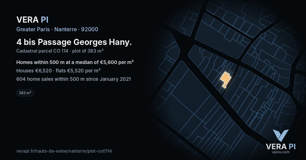 4 bis Passage Georges Hany, Nanterre at night – the plot lit, the parcels around coloured by the prices near them