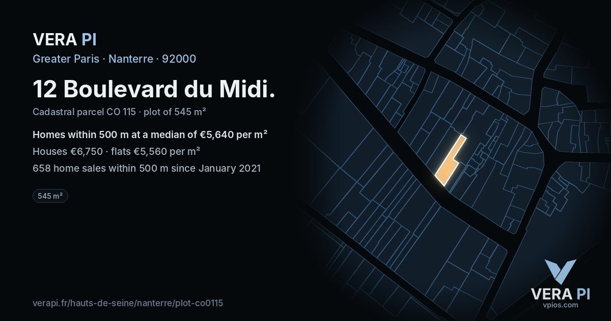 12 Boulevard du Midi, Nanterre at night – the plot lit, the parcels around coloured by the prices near them