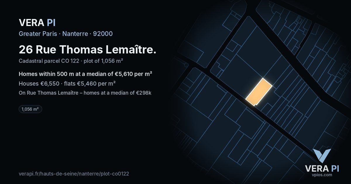 26 Rue Thomas Lemaître, Nanterre at night – the plot lit, the parcels around coloured by the prices near them