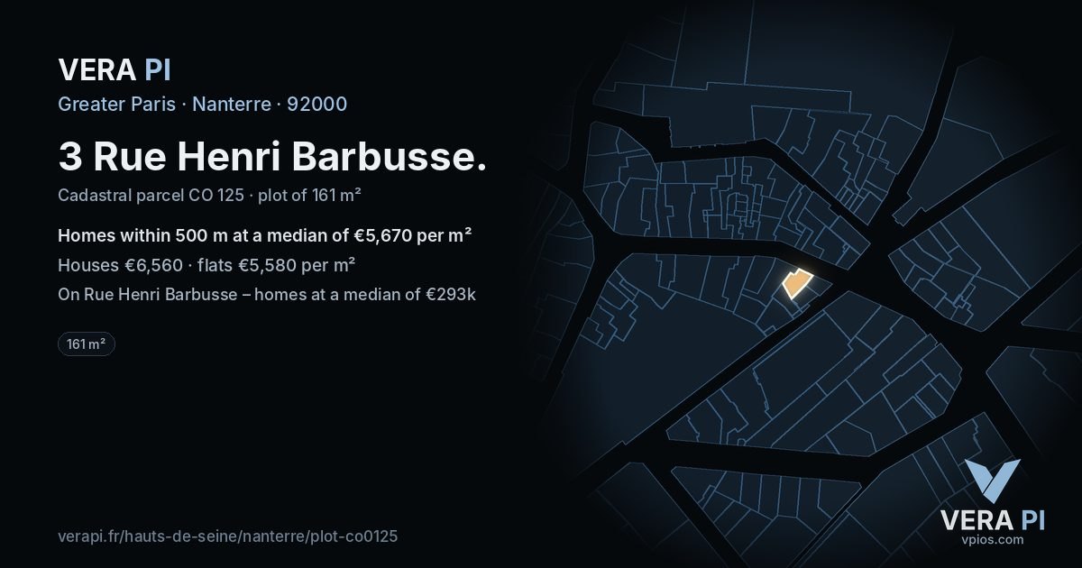 3 Rue Henri Barbusse, Nanterre at night – the plot lit, the parcels around coloured by the prices near them