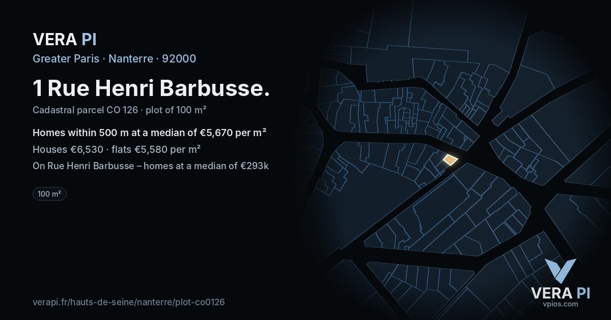 1 Rue Henri Barbusse, Nanterre at night – the plot lit, the parcels around coloured by the prices near them