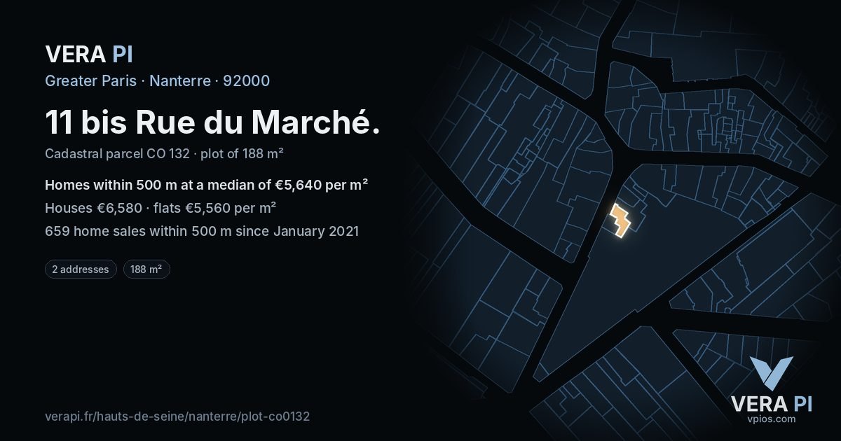 11 bis Rue du Marché, Nanterre at night – the plot lit, the parcels around coloured by the prices near them