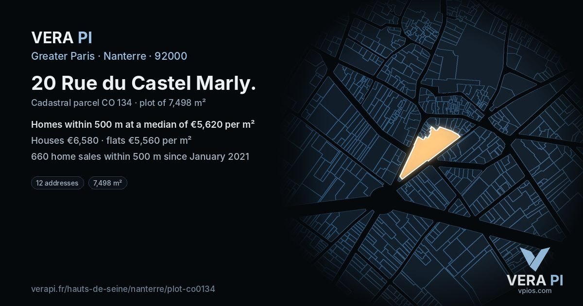 20 Rue du Castel Marly, Nanterre at night – the plot lit, the parcels around coloured by the prices near them