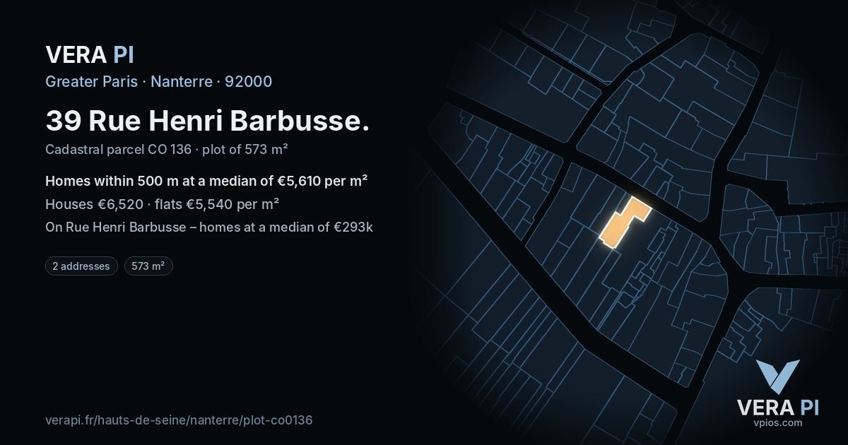 39 Rue Henri Barbusse, Nanterre at night – the plot lit, the parcels around coloured by the prices near them