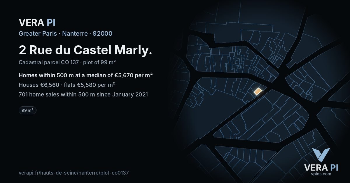 2 Rue du Castel Marly, Nanterre at night – the plot lit, the parcels around coloured by the prices near them