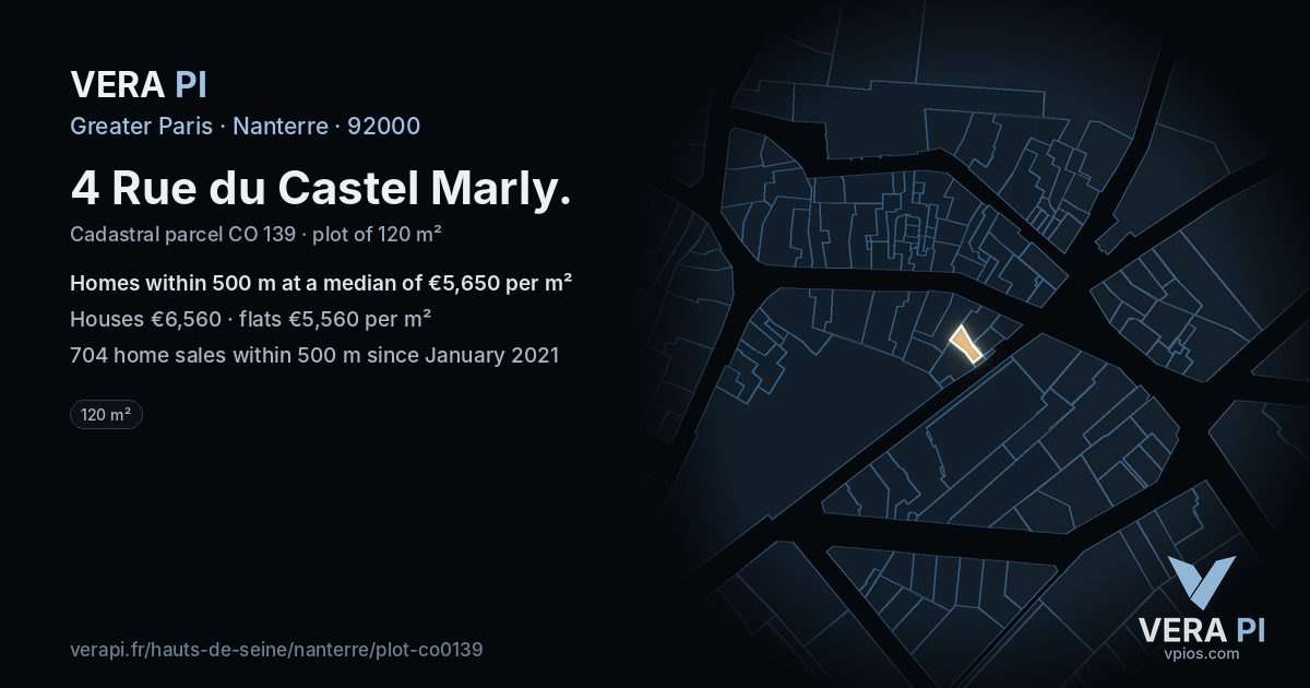 4 Rue du Castel Marly, Nanterre at night – the plot lit, the parcels around coloured by the prices near them