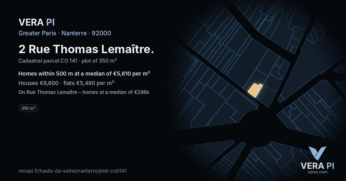 2 Rue Thomas Lemaître, Nanterre at night – the plot lit, the parcels around coloured by the prices near them