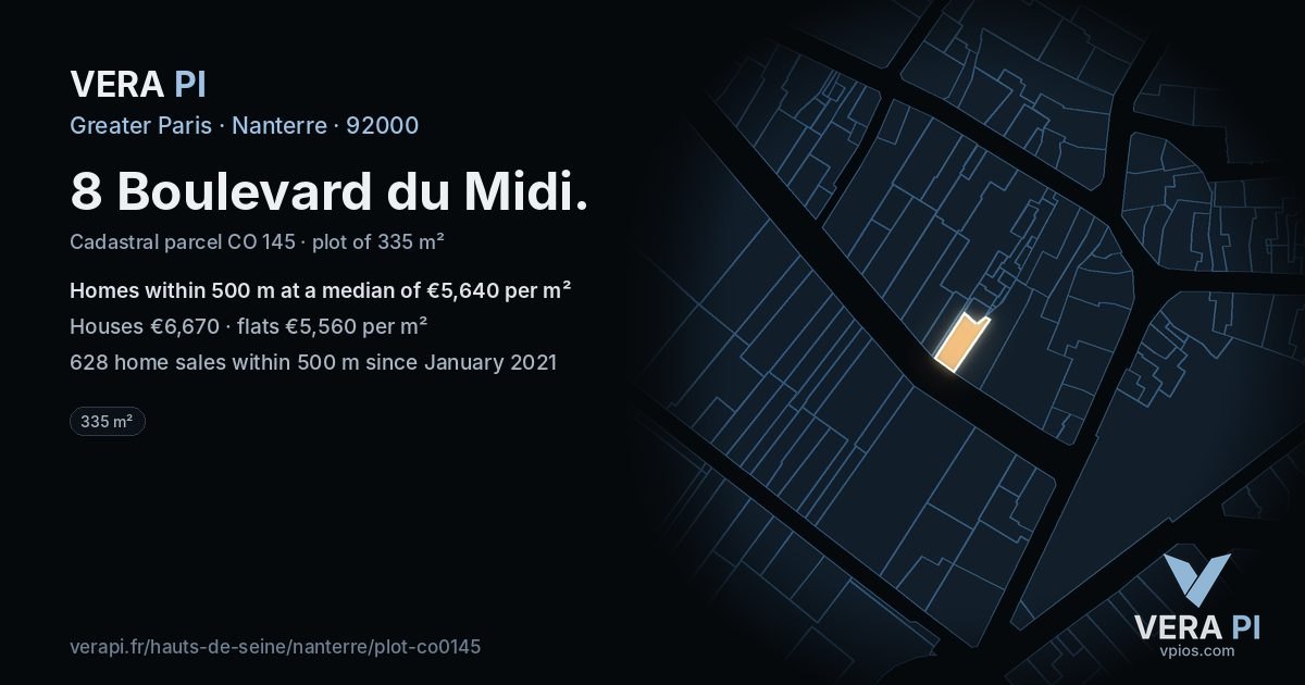 8 Boulevard du Midi, Nanterre at night – the plot lit, the parcels around coloured by the prices near them
