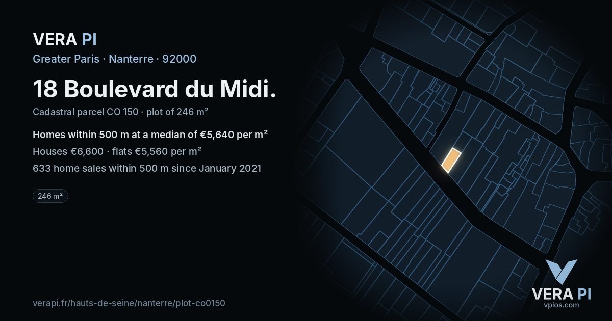 18 Boulevard du Midi, Nanterre at night – the plot lit, the parcels around coloured by the prices near them
