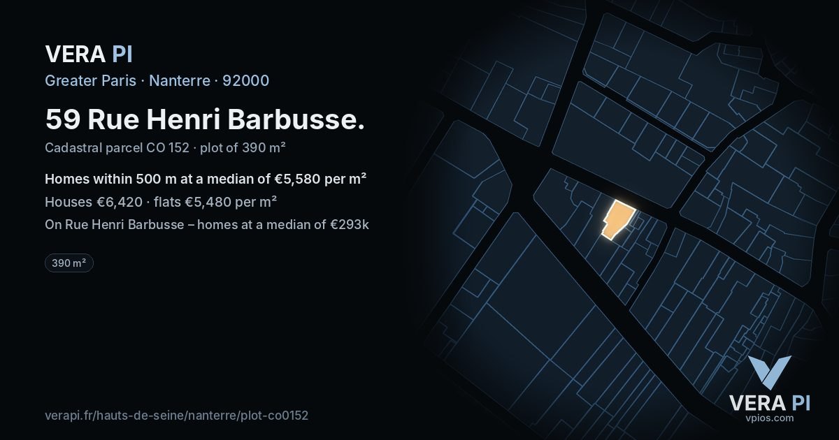 59 Rue Henri Barbusse, Nanterre at night – the plot lit, the parcels around coloured by the prices near them