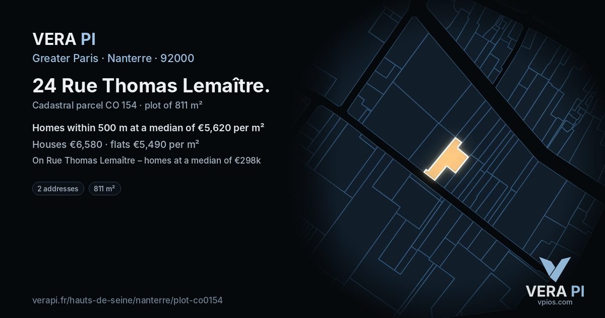 24 Rue Thomas Lemaître, Nanterre at night – the plot lit, the parcels around coloured by the prices near them