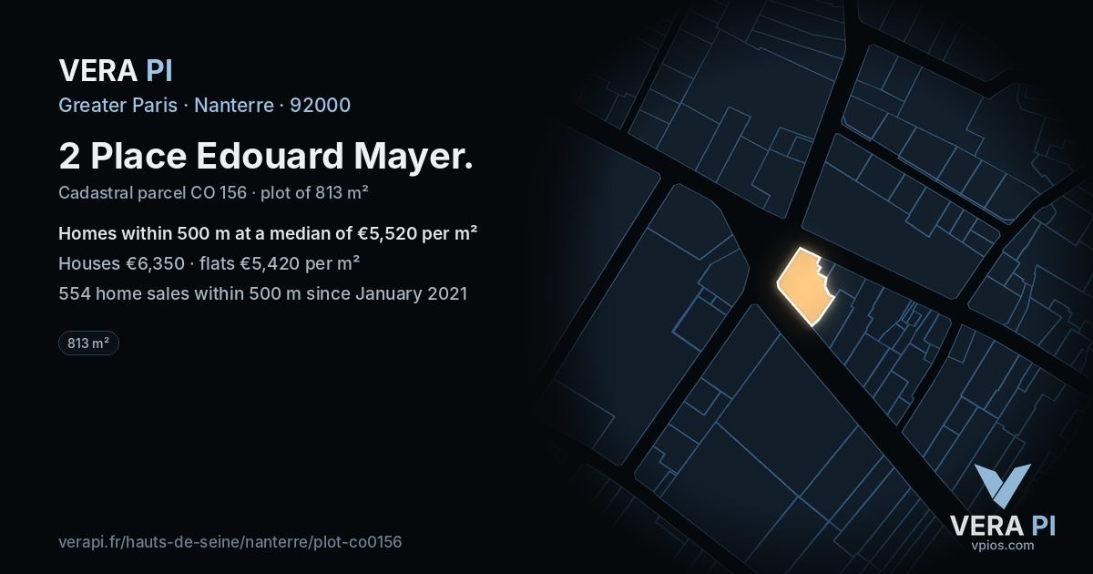 2 Place Edouard Mayer, Nanterre at night – the plot lit, the parcels around coloured by the prices near them