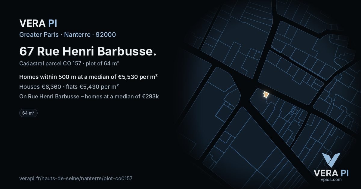 67 Rue Henri Barbusse, Nanterre at night – the plot lit, the parcels around coloured by the prices near them