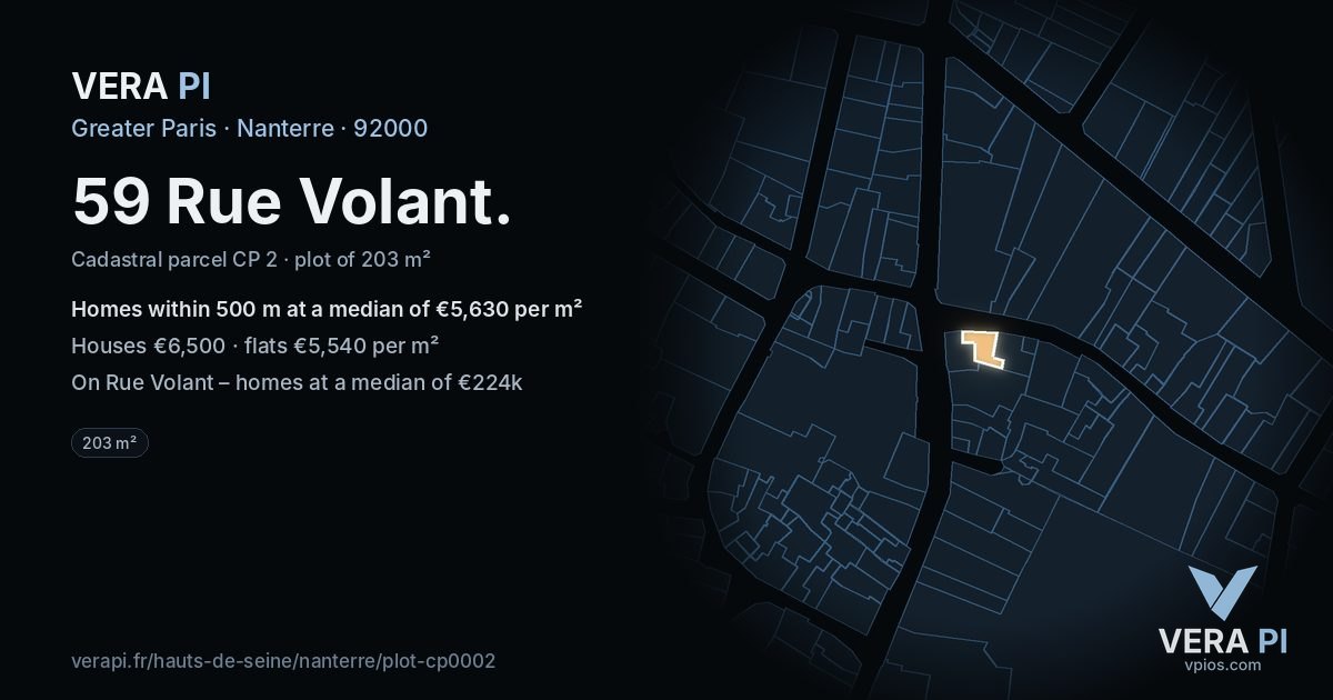 59 Rue Volant, Nanterre at night – the plot lit, the parcels around coloured by the prices near them