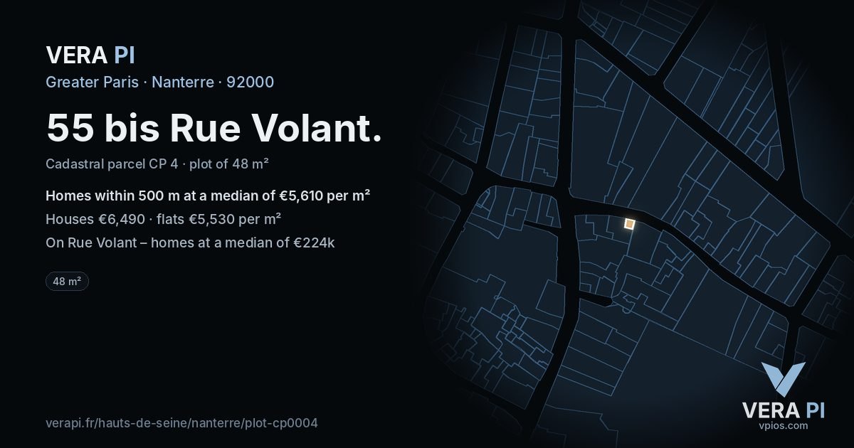55 bis Rue Volant, Nanterre at night – the plot lit, the parcels around coloured by the prices near them