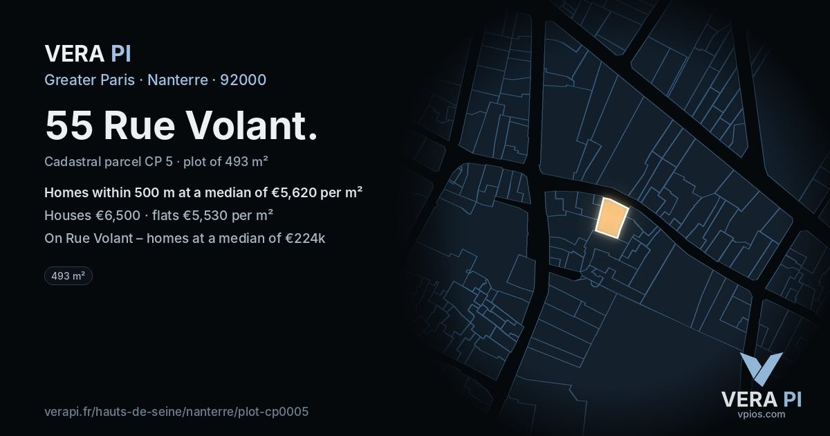 55 Rue Volant, Nanterre at night – the plot lit, the parcels around coloured by the prices near them