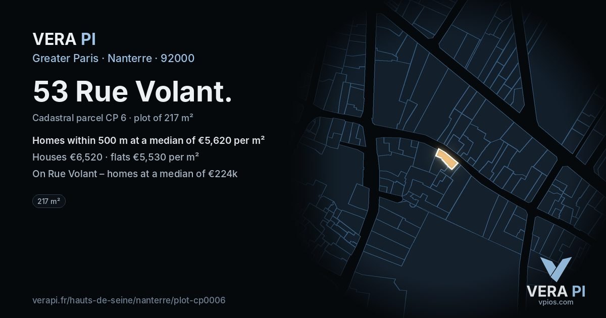 53 Rue Volant, Nanterre at night – the plot lit, the parcels around coloured by the prices near them