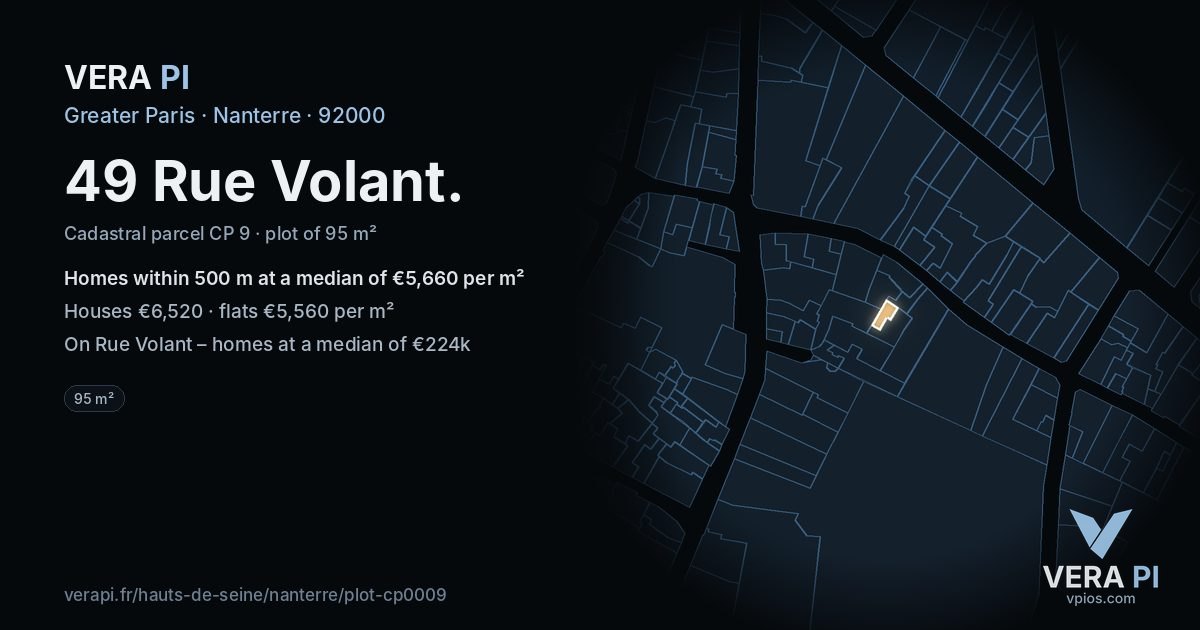 49 Rue Volant, Nanterre at night – the plot lit, the parcels around coloured by the prices near them
