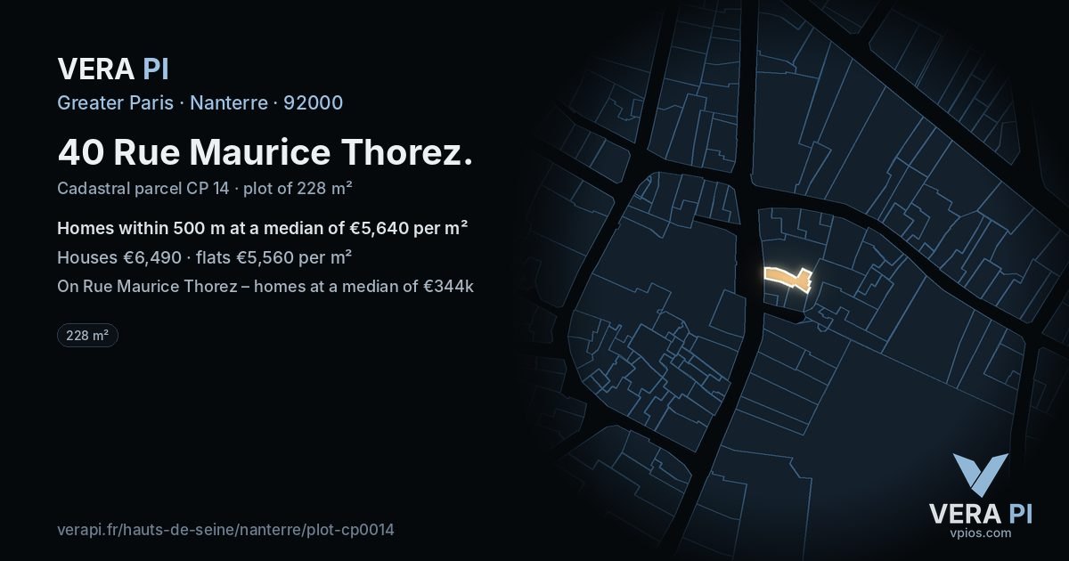 40 Rue Maurice Thorez, Nanterre at night – the plot lit, the parcels around coloured by the prices near them