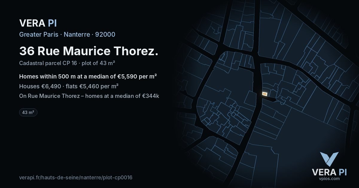 36 Rue Maurice Thorez, Nanterre at night – the plot lit, the parcels around coloured by the prices near them