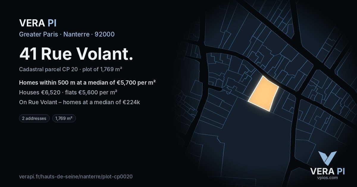 41 Rue Volant, Nanterre at night – the plot lit, the parcels around coloured by the prices near them