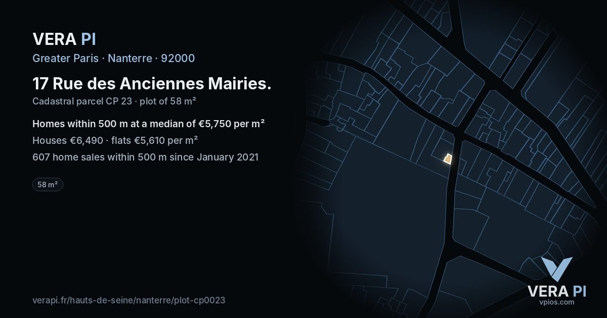 17 Rue des Anciennes Mairies, Nanterre at night – the plot lit, the parcels around coloured by the prices near them