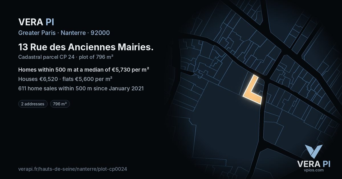 13 Rue des Anciennes Mairies, Nanterre at night – the plot lit, the parcels around coloured by the prices near them