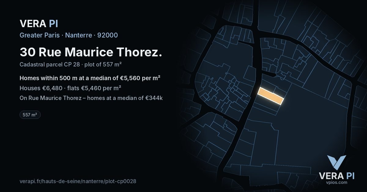 30 Rue Maurice Thorez, Nanterre at night – the plot lit, the parcels around coloured by the prices near them