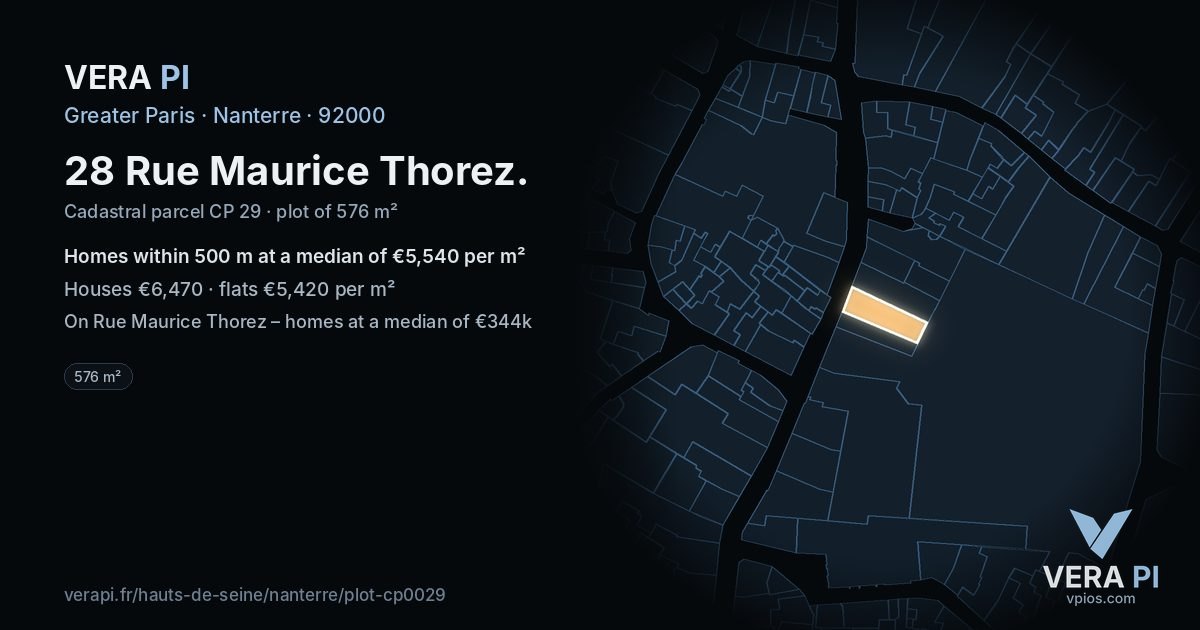 28 Rue Maurice Thorez, Nanterre at night – the plot lit, the parcels around coloured by the prices near them