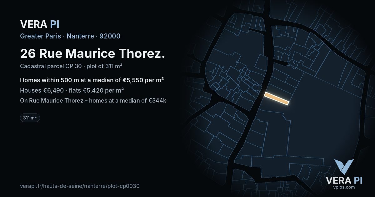 26 Rue Maurice Thorez, Nanterre at night – the plot lit, the parcels around coloured by the prices near them