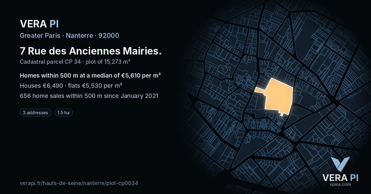7 Rue des Anciennes Mairies, Nanterre at night – the plot lit, the parcels around coloured by the prices near them
