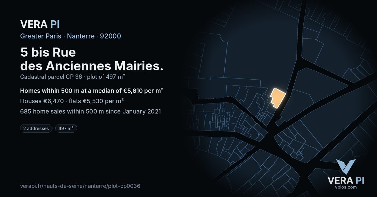 5 bis Rue des Anciennes Mairies, Nanterre at night – the plot lit, the parcels around coloured by the prices near them