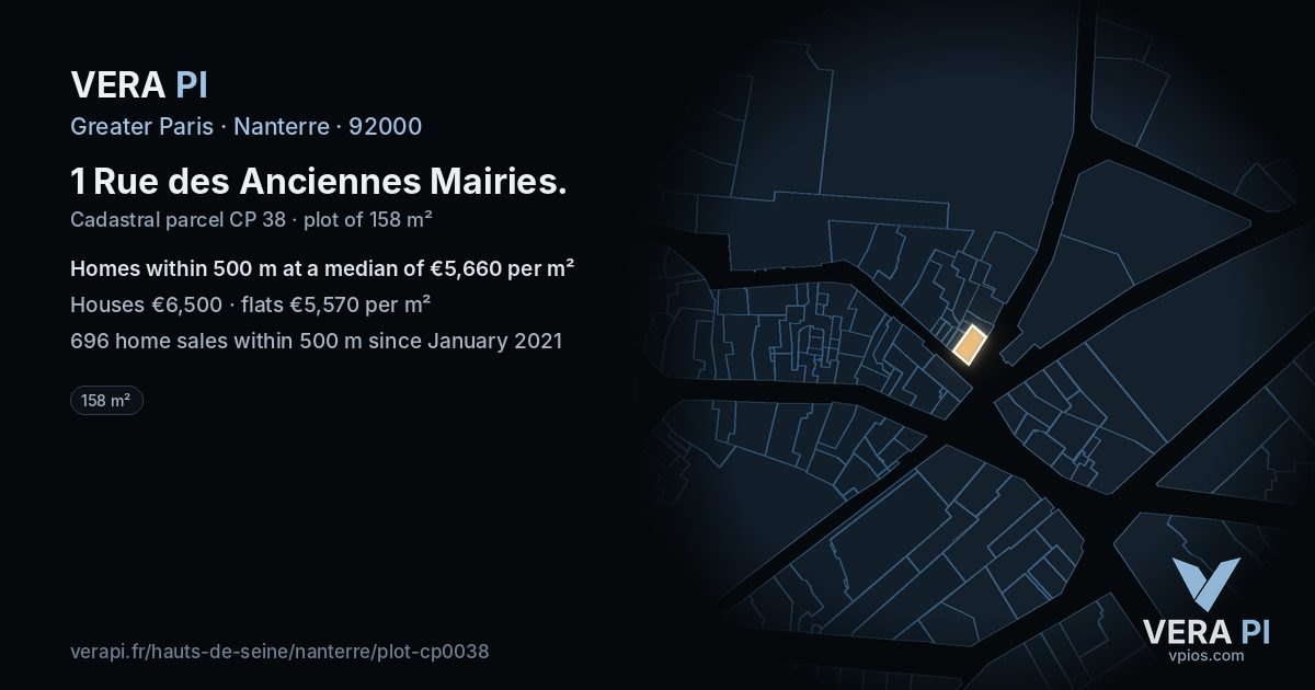 1 Rue des Anciennes Mairies, Nanterre at night – the plot lit, the parcels around coloured by the prices near them