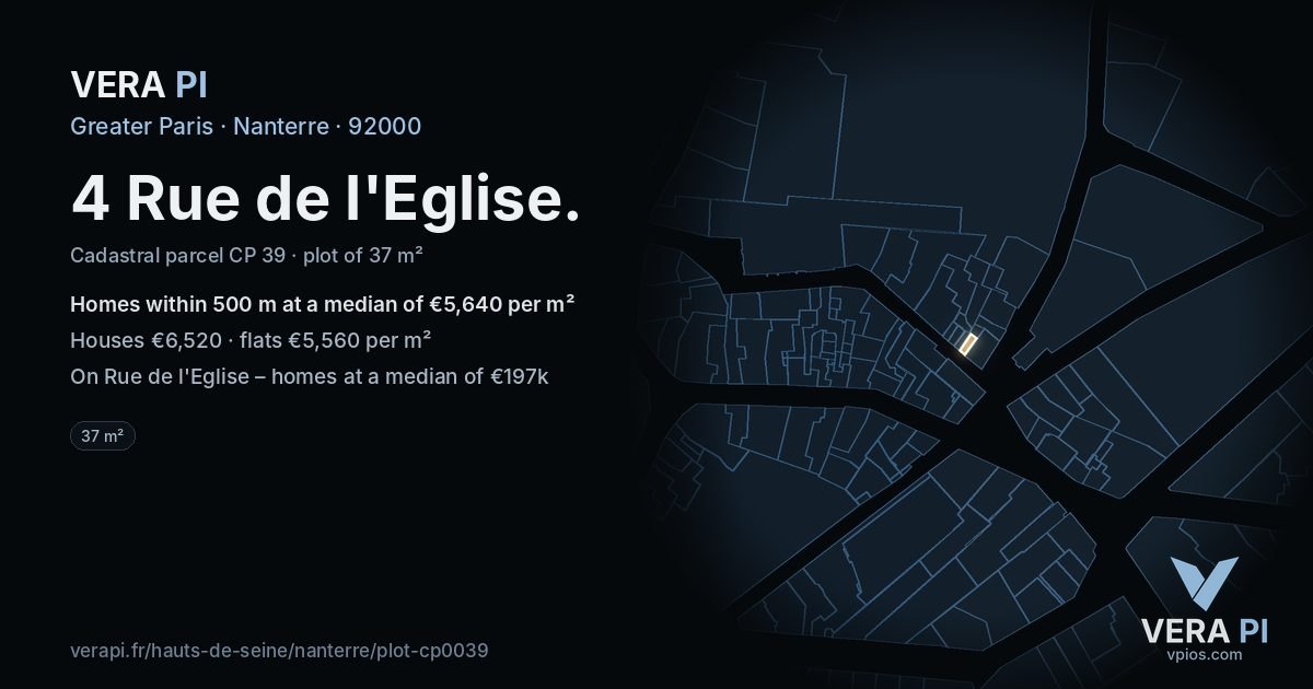 4 Rue de l'Eglise, Nanterre at night – the plot lit, the parcels around coloured by the prices near them