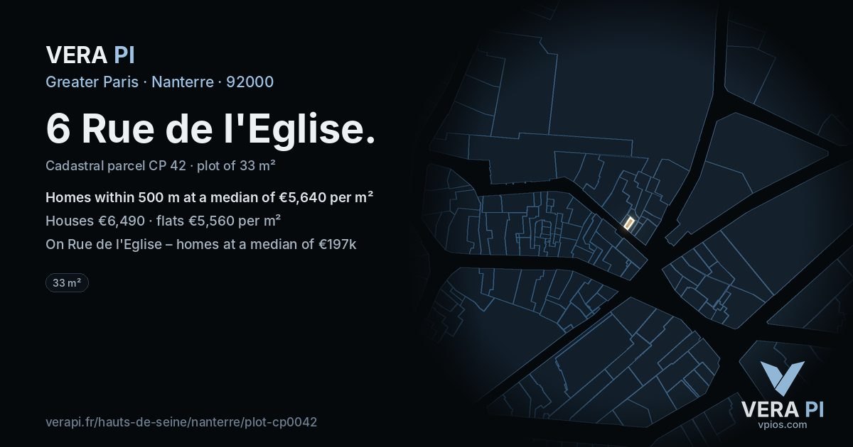 6 Rue de l'Eglise, Nanterre at night – the plot lit, the parcels around coloured by the prices near them