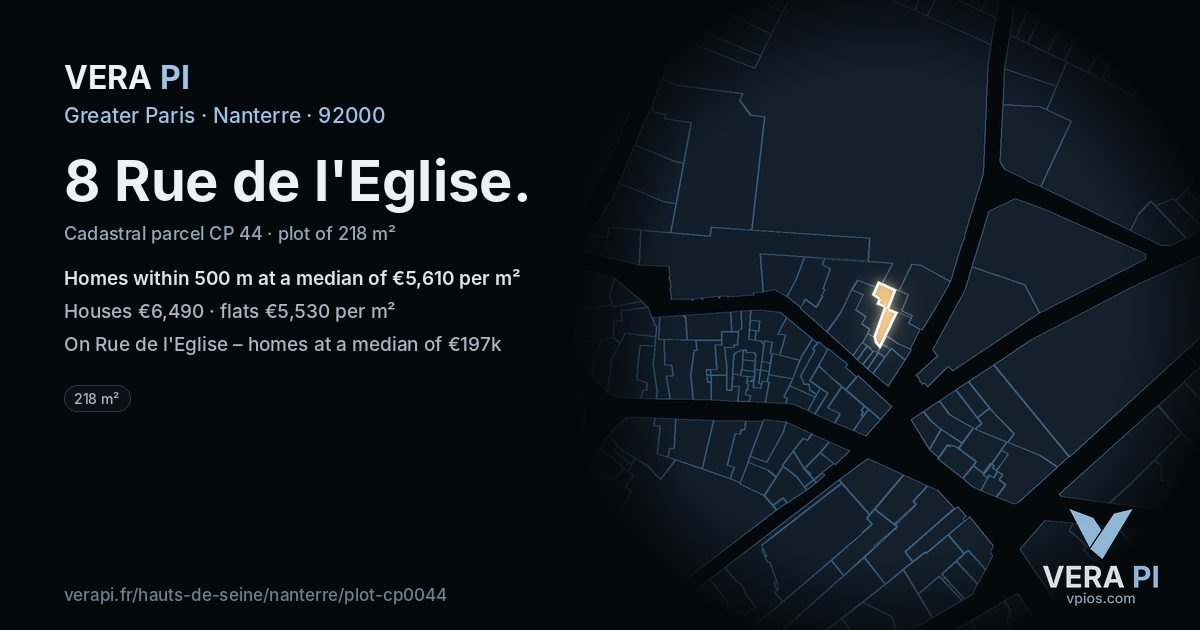 8 Rue de l'Eglise, Nanterre at night – the plot lit, the parcels around coloured by the prices near them