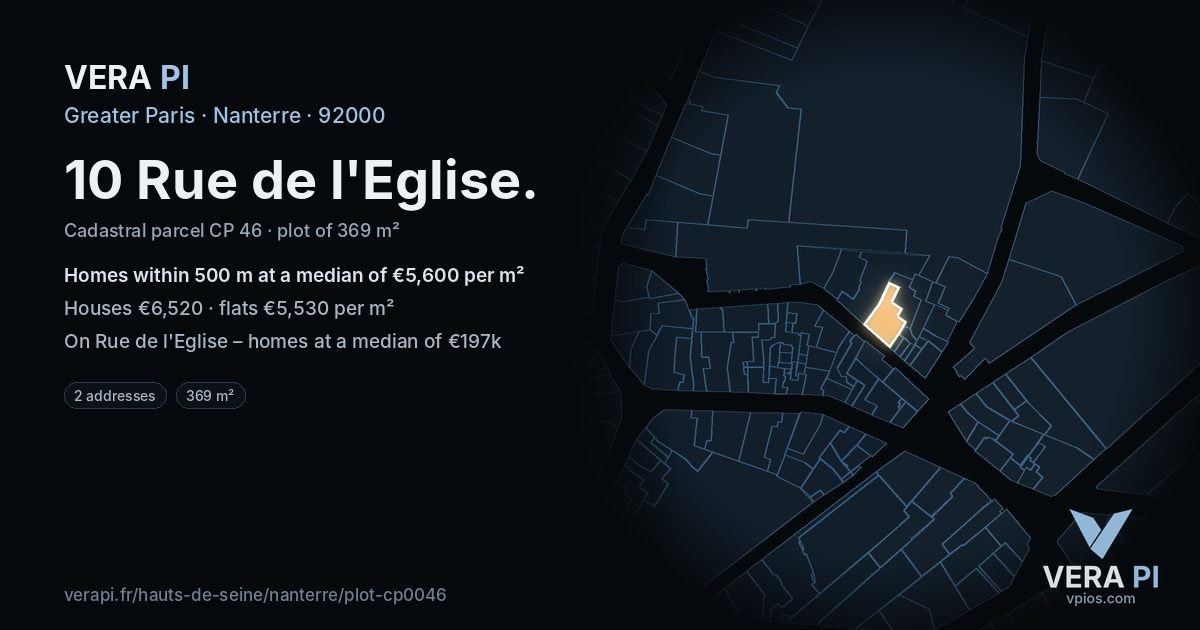 10 Rue de l'Eglise, Nanterre at night – the plot lit, the parcels around coloured by the prices near them