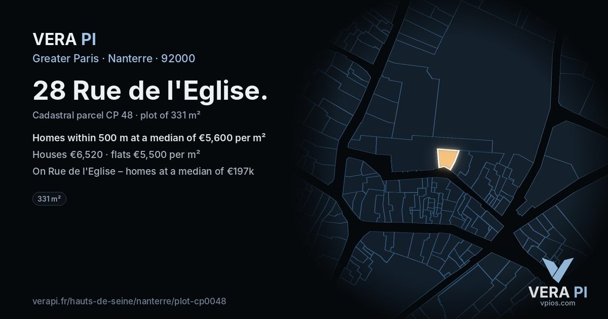28 Rue de l'Eglise, Nanterre at night – the plot lit, the parcels around coloured by the prices near them